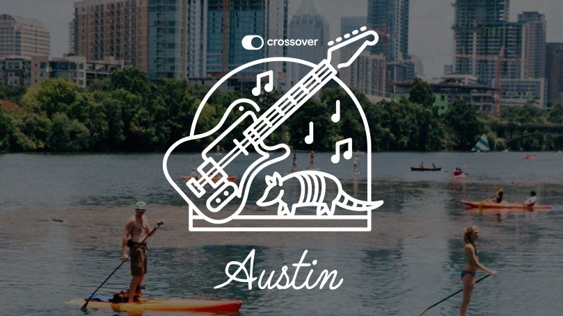 Crossover Austin location graphic of an armadillo and a guitar with musical notes and the Crossover logo