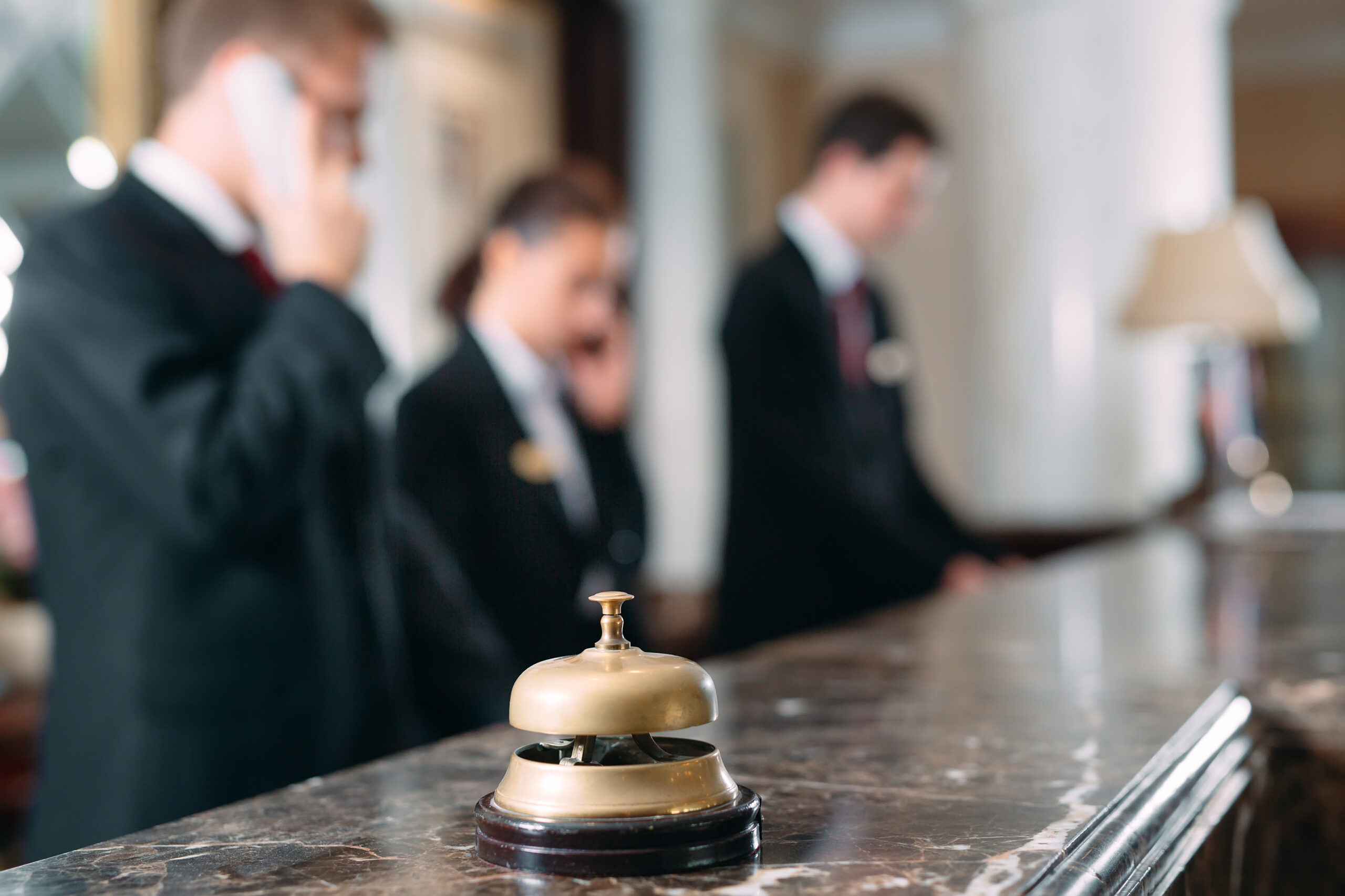 Hotel service bell Concept hotel, travel, room, Modern luxury hotel reception counter desk on background