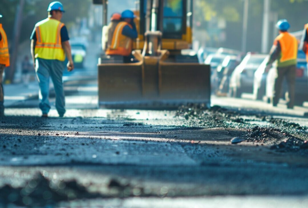 A team of construction workers in safety vests focuses on road pavement repairs, highlighting urban development and maintenance.