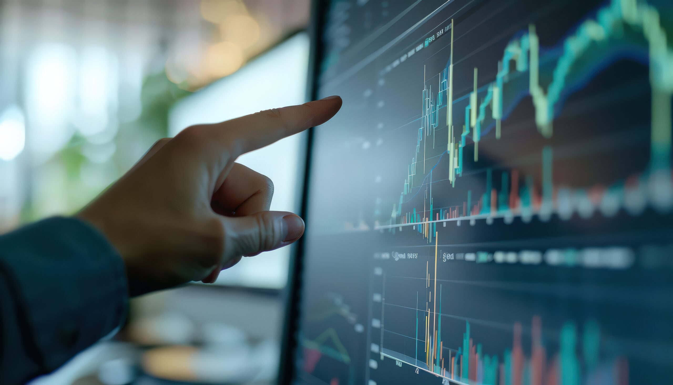 Businessman analyzing financial data on computer screen.