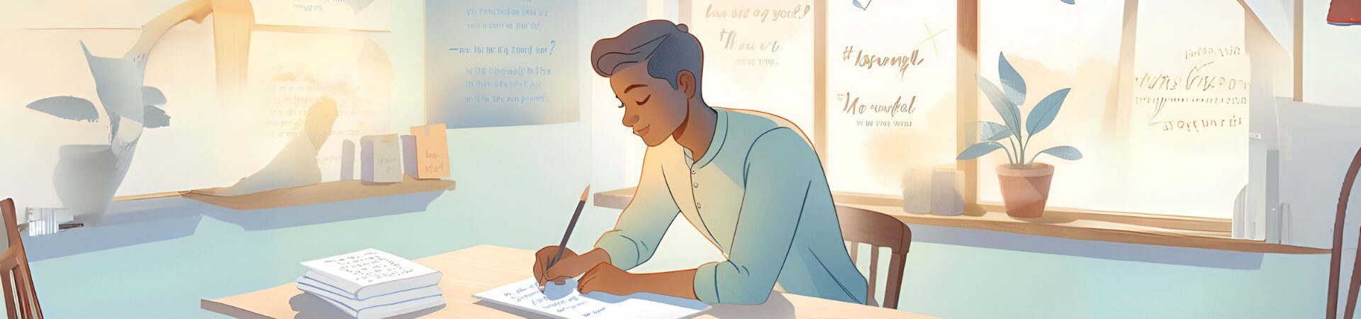 drawing of a man at his desk writing out goals for the new year