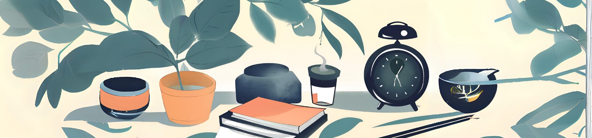 drawing of a calm desk setup with a clock and a cup of tea that is steaming