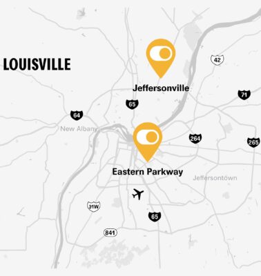 Map of Crossover's Louisville area locations in Jeffersonville and on Eastern Parkway.
