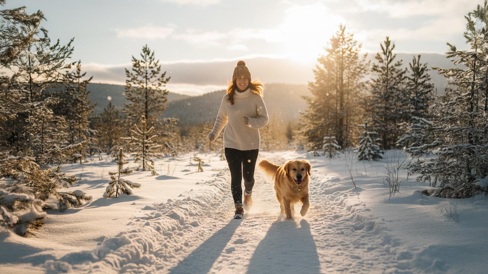 woman jogging with her dog outside in the winter