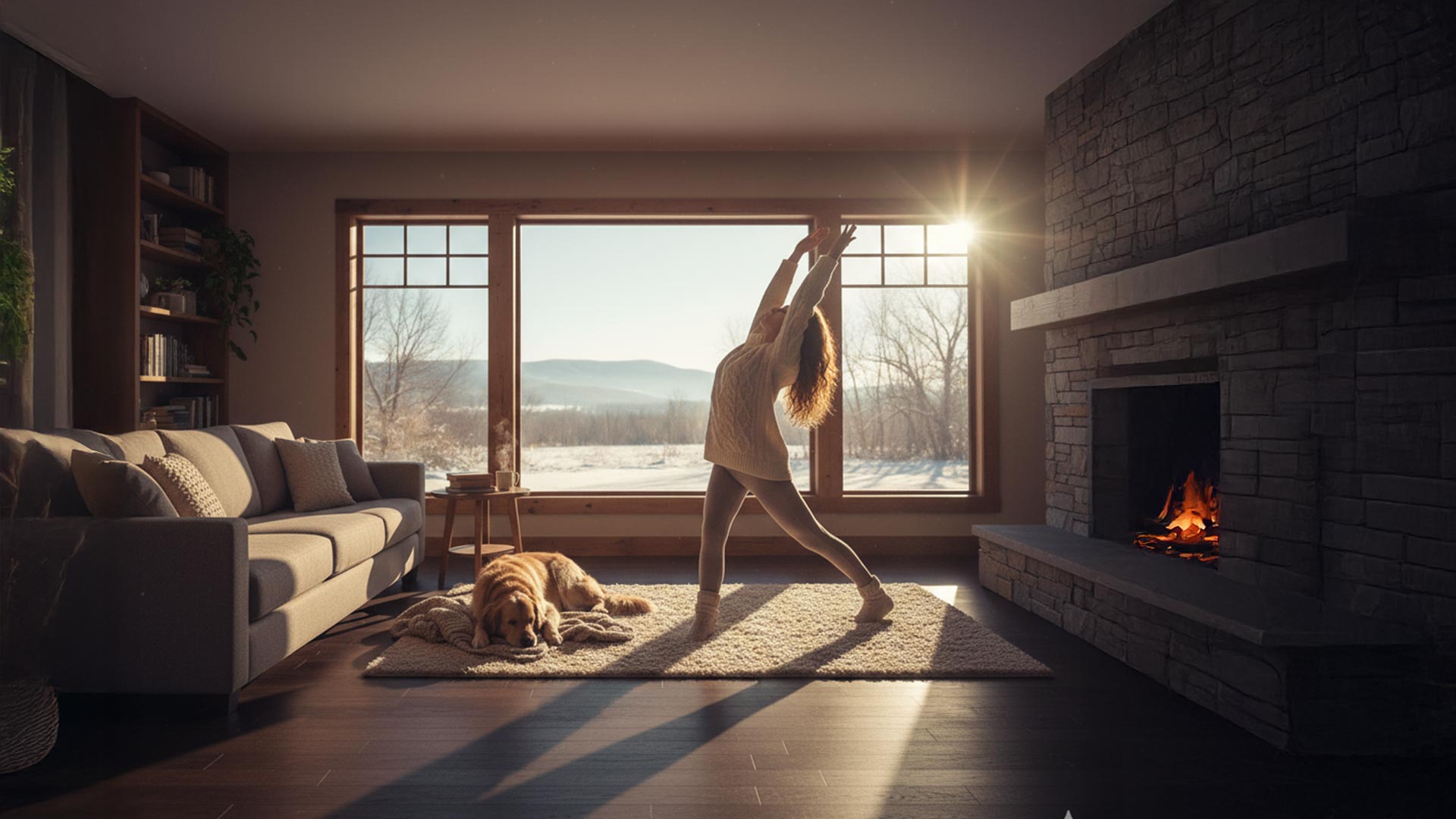 woman stretching in her living room in the winter time